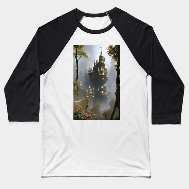 Parnassus Fantasy Forest Castle In The Foggy Woods Baseball T-Shirt by entwithanaxe